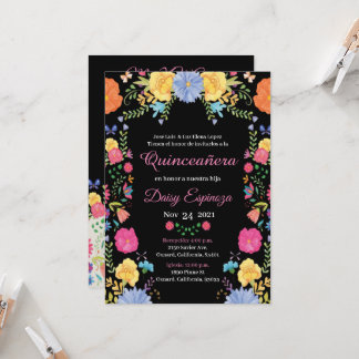 Black Quinceañera Invitation multi color, flowers