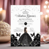 Black Quinceañera 15 Anos Blume Silberner Glitzer Einladung