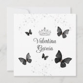 Black Quinceañera 15 Anos Buttefly Silberner Glitz Einladung (Rückseite)