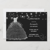 Black Quinceanera Abend Going String Lights Einladung (Vorderseite)