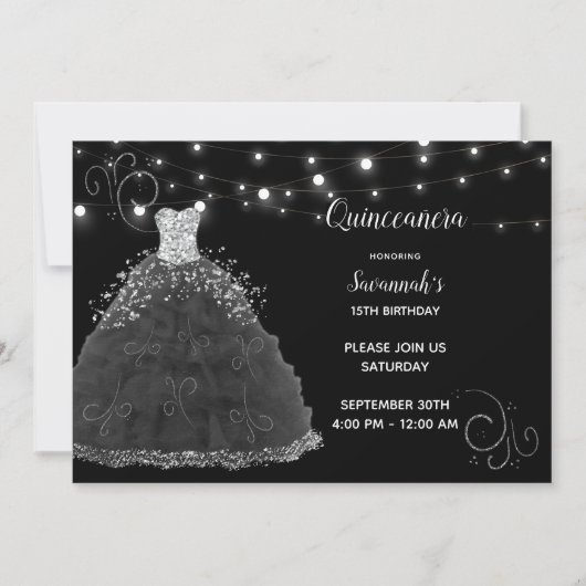 Black Quinceanera Abend Going String Lights Einladung (Vorderseite)
