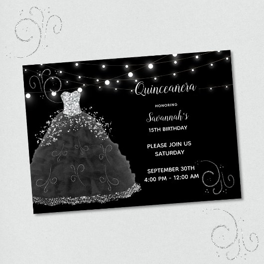 Black Quinceanera Abend Going String Lights Einladung