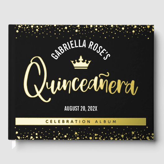 Black Quinceañera Kronskript Bold Real Gold Foil Gästebuch (Vorderseite)