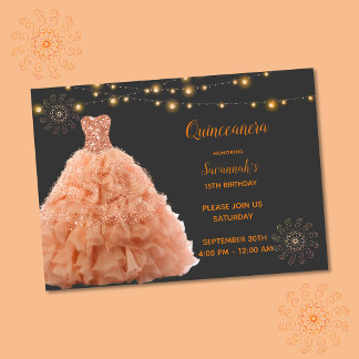 Black Quinceanera Peach Gown Lights Einladung
