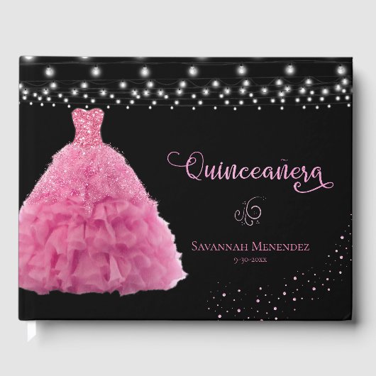 Black Quinceanera Pink Gown Lights Foto Gästebuch (Vorderseite)