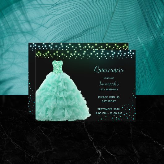 Black Quinceanera Princess Mint Green Gown Lights Einladung