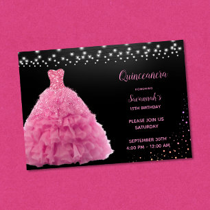 Black Quinceanera Princess Pink Gown Lights Einladung