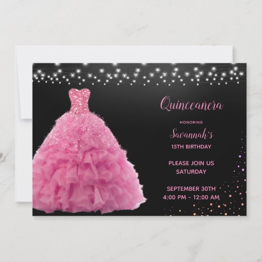 Black Quinceanera Princess Pink Gown Lights Einladung (Vorderseite)