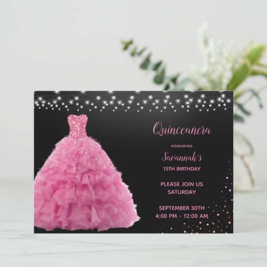 Black Quinceanera Princess Pink Gown Lights Einladung (Stehend Vorderseite)