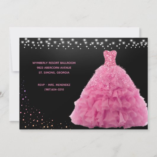 Black Quinceanera Princess Pink Gown Lights Einladung (Rückseite)