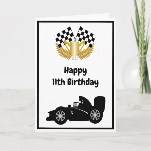 Black Racing Car Personalisiert 11. Geburtstag Karte (Vorderseite)
