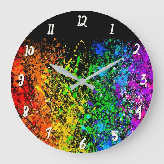 Black Rainbow Color Paint Splatter Colorful Große Wanduhr (Vorderseite)