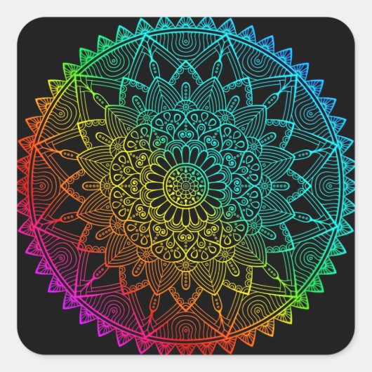 Black Rainbow Mandala Quadratischer Aufkleber (Vorderseite)
