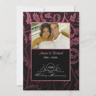 Black & Raspberry Damask 12. Hochzeitstag Einladung