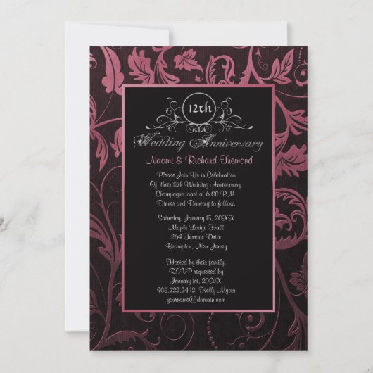Black & Raspberry Damask 12. Hochzeitstag Einladung (Vorderseite)