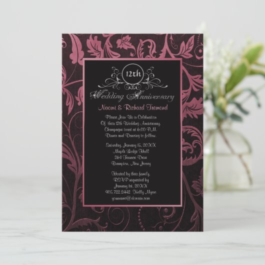 Black & Raspberry Damask 12. Hochzeitstag Einladung (Stehend Vorderseite)