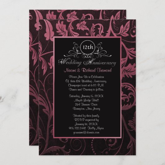 Black & Raspberry Damask 12. Hochzeitstag Einladung (Vorne/Hinten)
