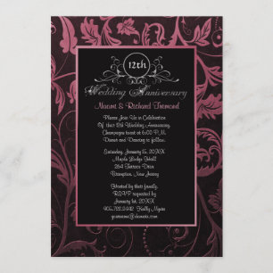 Black & Raspberry Damask 12. Hochzeitstag Einladung