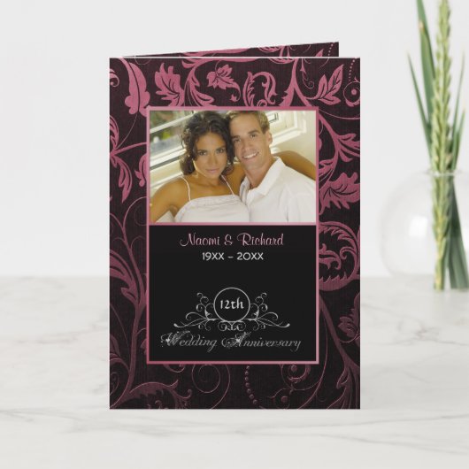 Black & Raspberry Damask 12. Hochzeitstag Einladung (Vorderseite)