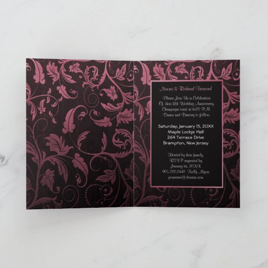 Black & Raspberry Damask 12. Hochzeitstag Einladung (Innenseite)