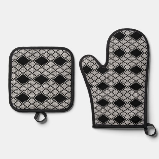 BLACK RAUTE STRICK Oven Mitt & Pot Holder Set (Vorderseite)