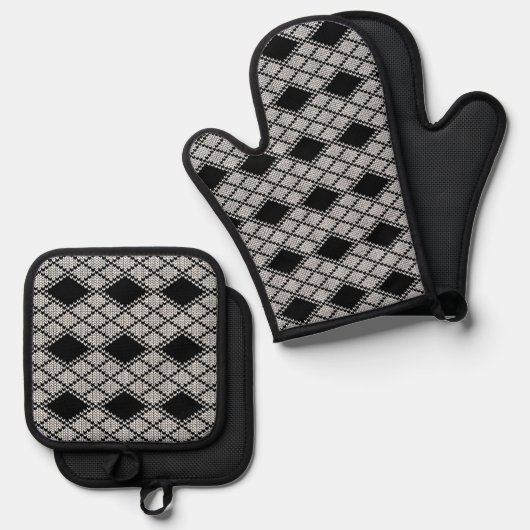 BLACK RAUTE STRICK Oven Mitt & Pot Holder Set (Vorderseite/Rückseite)
