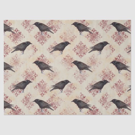 Black Raven and Burgundy Damask Decoupage Seidenpapier (Vorderseite)