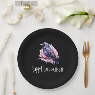 Black Raven auf einem Zweigbild Halloween Pappteller