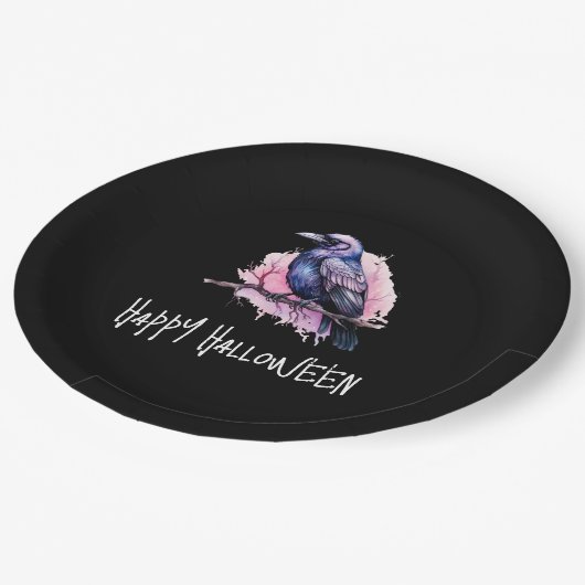 Black Raven auf einem Zweigbild Halloween Pappteller (Schrägansicht)