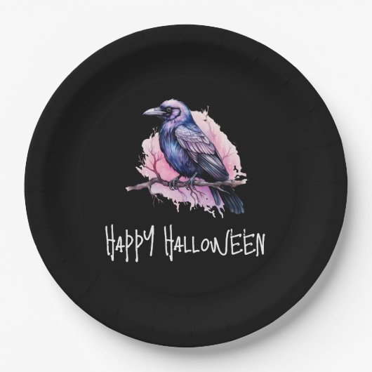 Black Raven auf einem Zweigbild Halloween Pappteller (Vorderseite)
