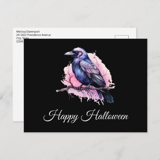 Black Raven auf einem Zweigbild Halloween Postkarte (Vorne/Hinten)