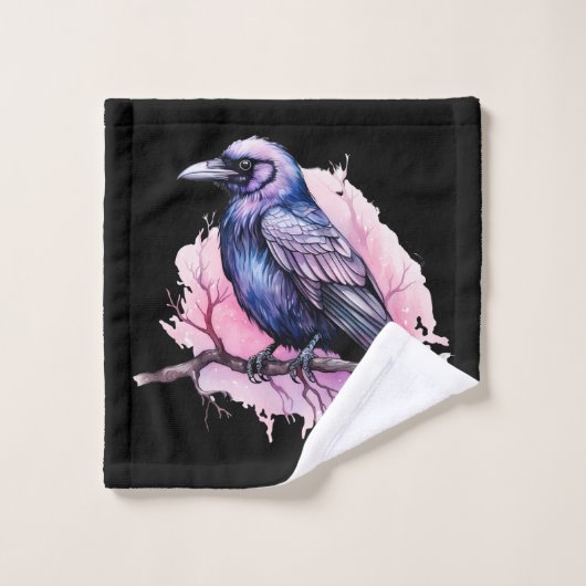Black Raven auf einem Zweigmuster Badhandtuch Set (Waschlappen)
