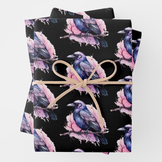 Black Raven auf einem Zweigmuster Geschenkpapier Set (Beispiel)