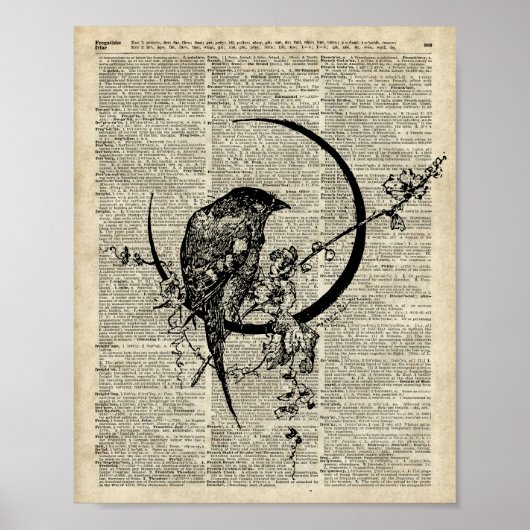 Black Raven Bird-Schablone über alte Wörterbuchsei Poster (Vorne)