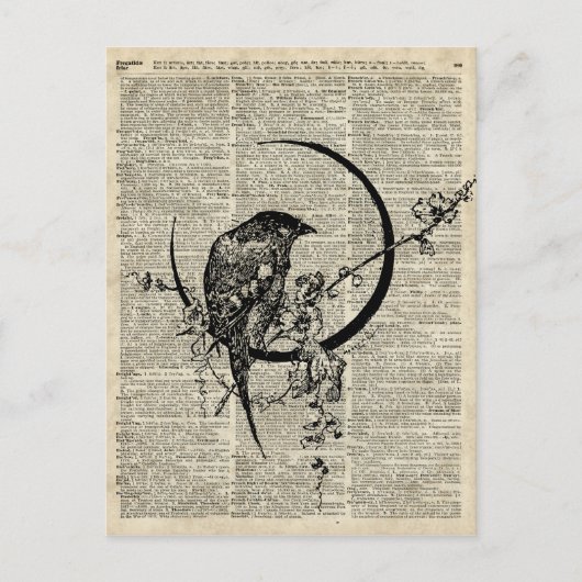 Black Raven Bird-Schablone über alte Wörterbuchsei Postkarte (Vorderseite)