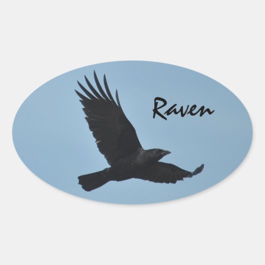 Black Raven Flying in Blue Sky Foto Ovaler Aufkleber (Vorderseite)
