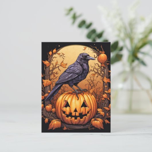Black Raven Happy Halloween Postkarte (Stehend Vorderseite)