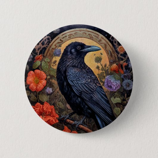 Black Raven mit Blume Gothic Design Button (Vorderseite)