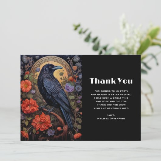 Black Raven mit Blume Gothic Design Danke (Stehend Vorderseite)