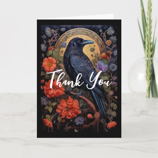 Black Raven mit Blume Gothic Design Dankeskarte (Vorderseite)
