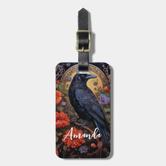 Black Raven mit Blume Gothic Design Gepäckanhänger (Vorderseite vertikal)