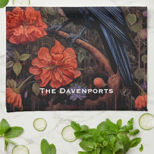 Black Raven mit Blume Gothic Design Geschirrtuch (Gefaltet)