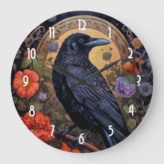 Black Raven mit Blume Gothic Design Große Wanduhr (Vorderseite)