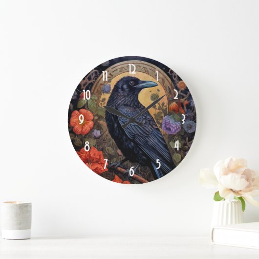 Black Raven mit Blume Gothic Design Große Wanduhr (Zuhause)
