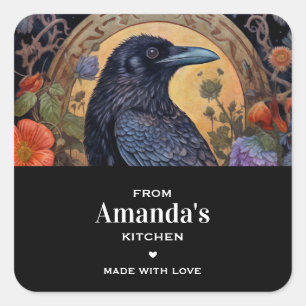 Black Raven mit Blume Gothic Design Küche Quadratischer Aufkleber