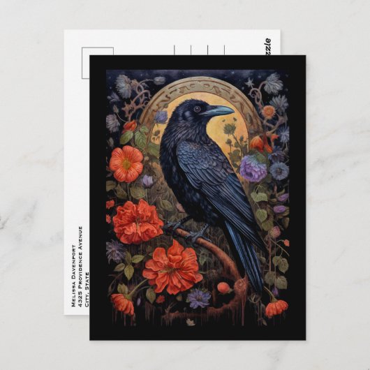 Black Raven mit Blume Gothic Design Postkarte (Vorne/Hinten)