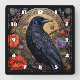 Black Raven mit Blume Gothic Design Quadratische Wanduhr