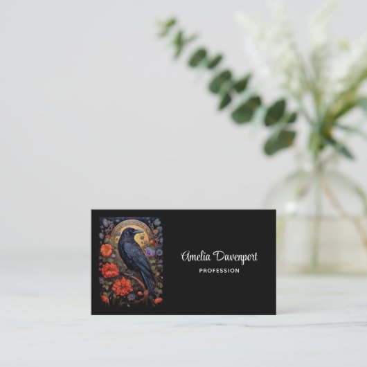 Black Raven mit Blume Gothic Design Visitenkarte (Stehend Vorderseite)