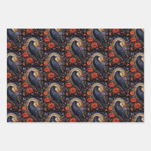 Black Raven mit Blume Gothic-Muster Geschenkpapier Set (Vorderseite)