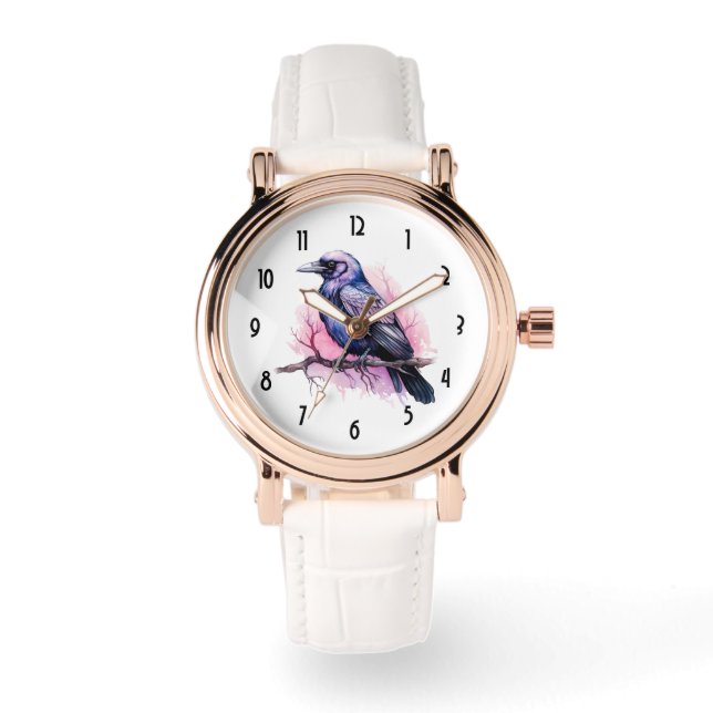 Black Raven on a Branch Illustration Armbanduhr (Vorderseite)